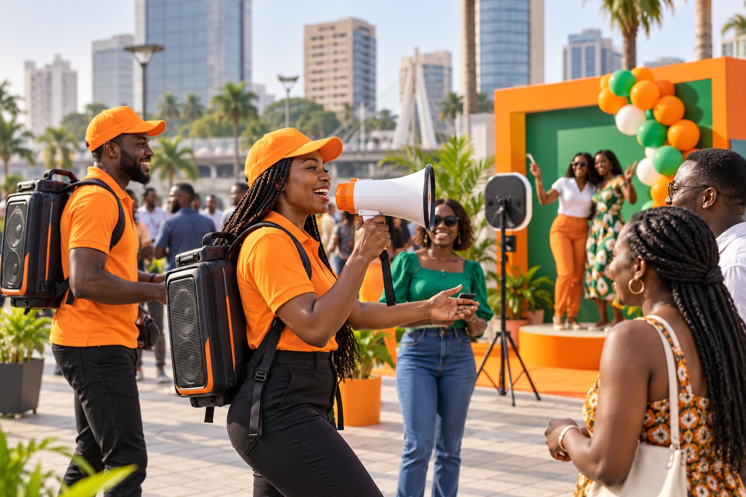 Illustration d’une animation de terrain avec sacs à dos sonores, mégaphone et espace photo en Côte d’Ivoire