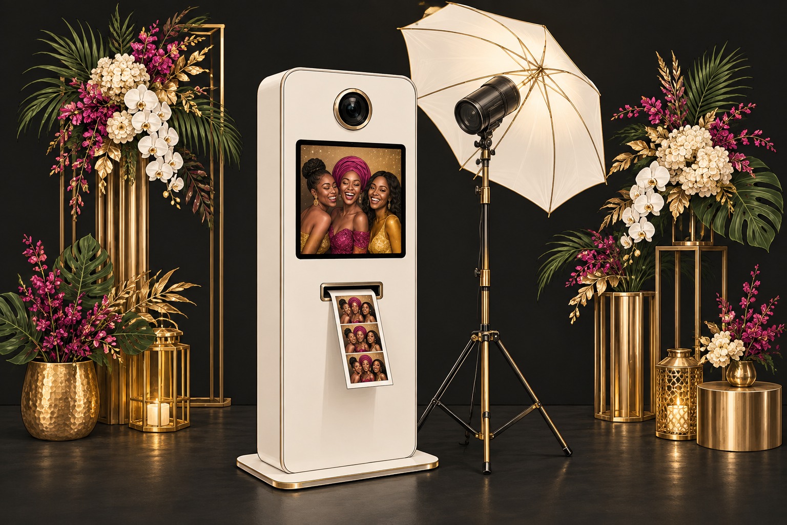 Dessin d’un photobooth avec écran, appareil photo et imprimante