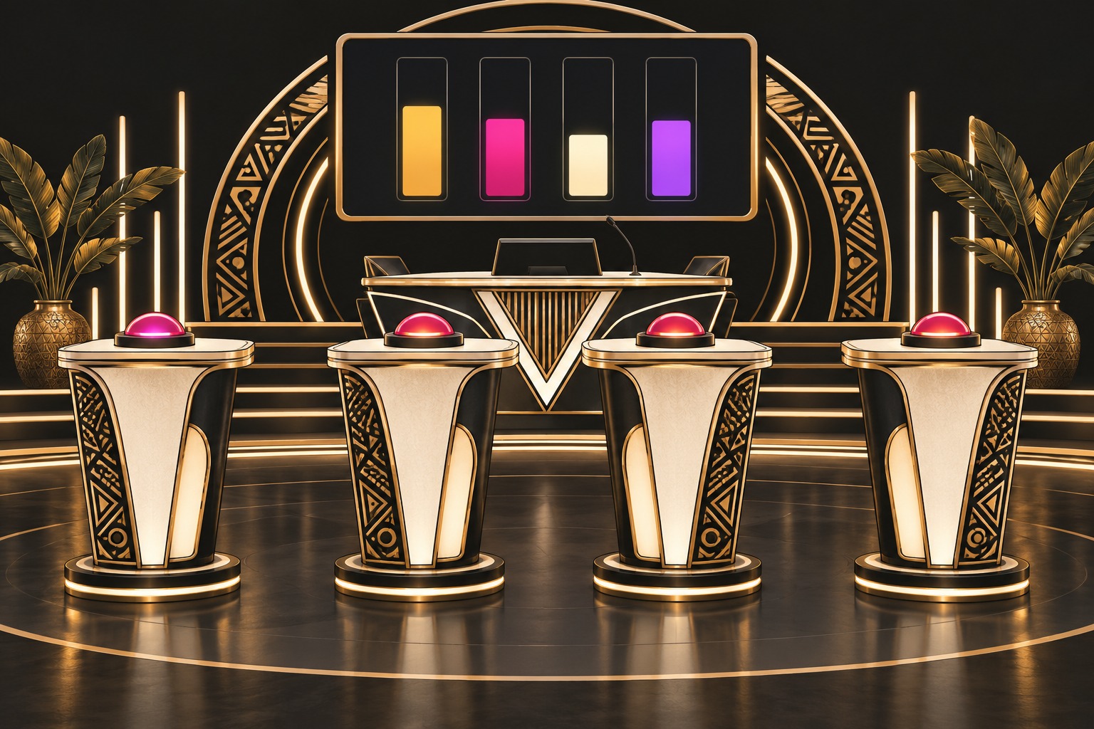 Dessin d’un système de quiz avec buzzers lumineux et affichage des scores