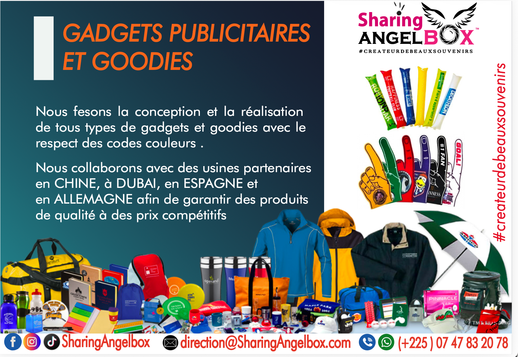 Gadgets publicitaires et goodies personnalisés Sharing AngelBox : sacs, vêtements, gourdes, mugs et accessoires