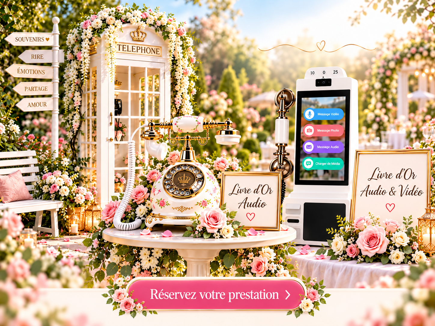 Livre d’or audio, livre d’or audio et vidéo et cabine vintage fleurie avec accessoires