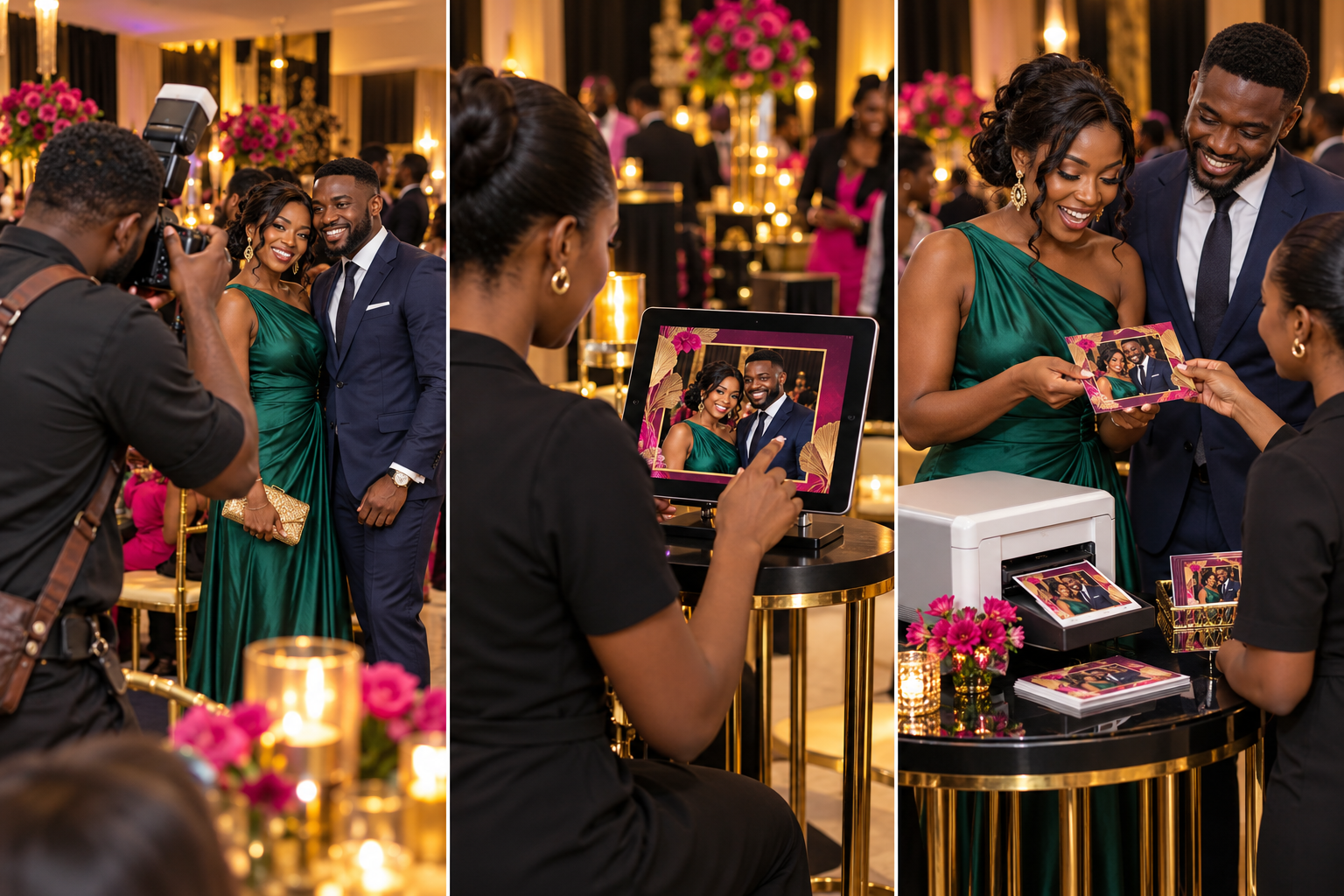 Illustration réaliste du processus : photographe auprès des invités, personnalisation sur tablette, impression et remise de la photo